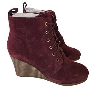 Dibaโ Blake Suede Leather Stacked Wedge Bootie in Burgundy Women's 9 Boho Casual